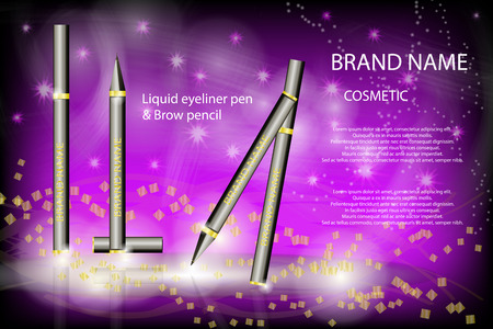 Glamorous eyeliner pen and brow pencil on the  sparkling effects background. Mockup 3D Realistic Vector illustration for design, templateのイラスト素材