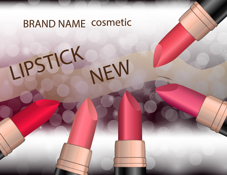 Glamorous colorful lipstick set  on the  sparkling effects background. Mockup 3D Realistic Vector illustration for design, templateのイラスト素材