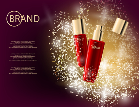 Glamorous face Beauty Care Products Packages on the  sparkling effects background. Mockup 3D Realistic Vector illustration for design, templateのイラスト素材