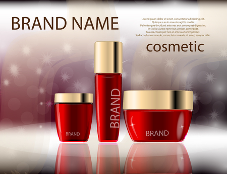 Glamorous face Beauty Care Products Packages on the  sparkling effects background. Mockup 3D Realistic Vector illustration for design, templateのイラスト素材