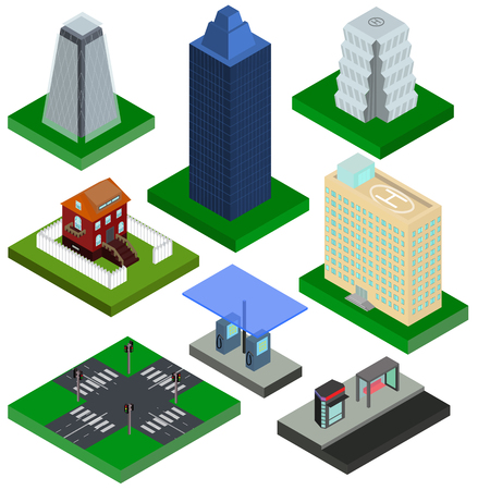 Isometric elements for city, houses, gas station and crossroad with traffic lights in vectorのイラスト素材