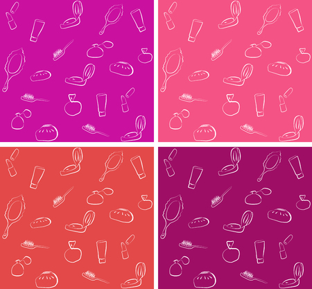 Cosmetic hand drawn seamless pattern with perfume, powder box, lipstick, mirror, tone in vectorのイラスト素材