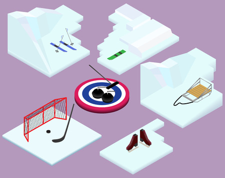 Isometric winter sports elements ski, snowboard, sled, hockey, curling in vectorのイラスト素材
