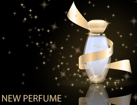 Glamorous perfume glass bottle on the  sparkling effects background. Mockup 3D Realistic Vector illustration for design, templateのイラスト素材