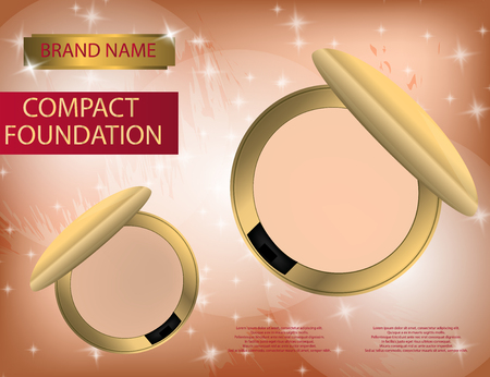 Glamorous compact foundation on the  sparkling effects background. Mockup 3D Realistic Vector illustration for design, templateのイラスト素材