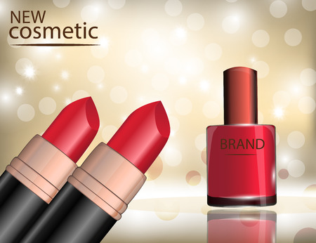 Glamorous nail lacquer and lipstick on the  sparkling effects background. Mockup 3D Realistic Vector illustration for design, templateのイラスト素材