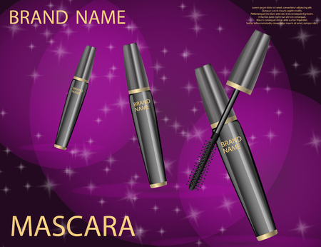 Glamorous mascara product, black  package design in 3d on the  sparkling effects background. Mockup 3D Realistic Vector illustration for design, templateのイラスト素材