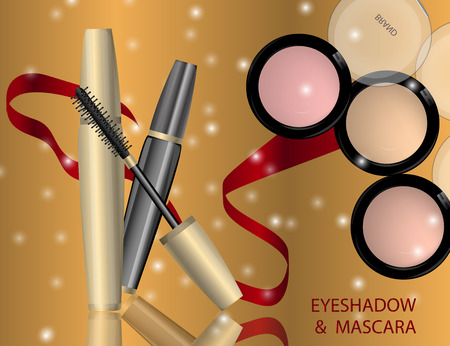 Glamorous Eye Shadows and mascara products package design in 3d on the  sparkling effects background.のイラスト素材