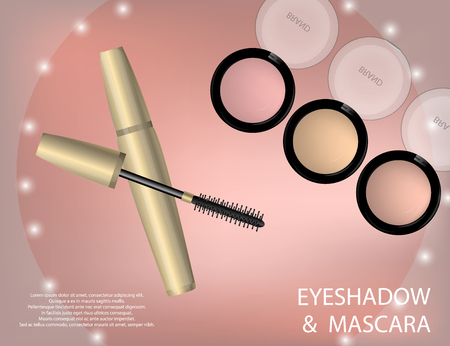 Glamorous Eye Shadows and mascara products package design in 3d on the  sparkling effects background. Mockup 3D Realistic Vector illustration for design, templateのイラスト素材