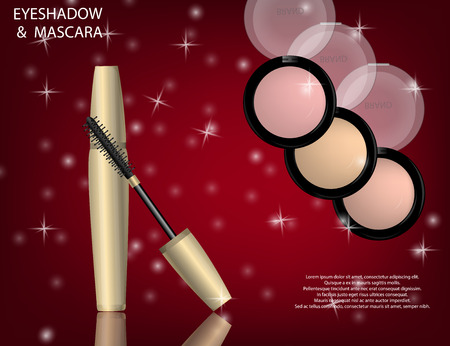 Glamorous Eye Shadows and mascara products package design in 3d on the  sparkling effects background. Mockup 3D Realistic Vector illustration for design, templateのイラスト素材