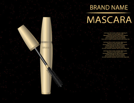 Glamorous mascara product, golden package design in 3d on the  sparkling effects background. Mockup 3D Realistic Vector illustration for design, templateのイラスト素材