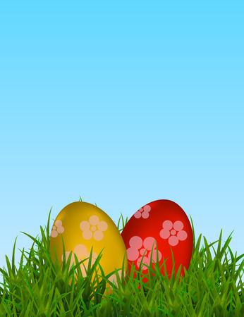 Happy Easter Vector Typography background with place for your text message with colored eggs and green grass on the blue background. Vector Illustration EPS10のイラスト素材