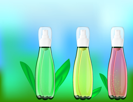 Serum Lemons, Roses, Aloe Vera  Extracts Vitamin and Collagen for Skin on the sparckling  Background, Concept Skin Care Cosmetic. Mock-ups of glass containers. Blank template of packaging for cosmetic product.のイラスト素材
