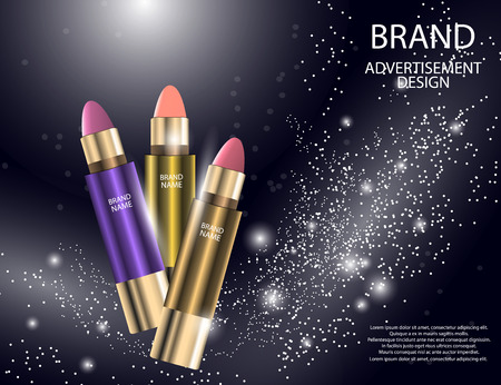 Glamorous Set of tubes with colour lipstick or balm on the  sparkling effects background. Mock-up 3D Realistic Vector illustration for design, templateのイラスト素材