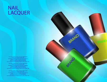 Colorful nail lacquer template, glossy bottles on the sparkling effects background. Mock-up 3D Realistic Vector illustration for design, templateのイラスト素材