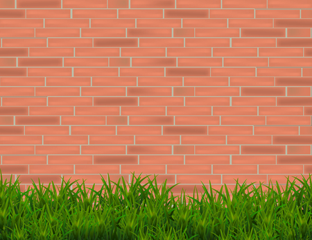 Green Grass Isolated on Red Brick Wall  Background. Vector Illustration.のイラスト素材