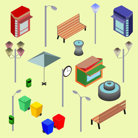 Urban city street isometric vector objects, benches, streetlight, booth, newsstand, Kiosk, clock, recycle bins, fountain. Vector Illustrationのイラスト素材