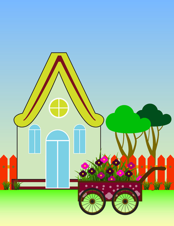 City Background with Suburban House Front View Building and Carriage with flowers.  Vector cartoon illustration.のイラスト素材