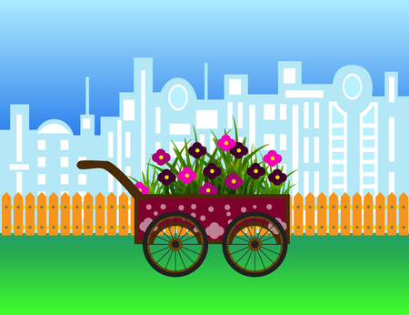Carriage with flowers on modern city silhouette and wooden fence.Vector cartoon illustration.のイラスト素材