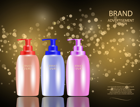 Glamorous Hair Care Products Packages on the  sparkling effects background. Mock-up 3D Realistic Vector illustration for design, templateのイラスト素材
