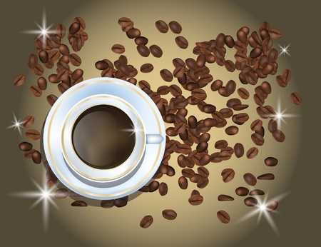 Coffee Beans and  White Cofee Cup Isolated in Brown Background. Vector Illustration. Eps10.のイラスト素材