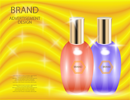 Glamorous perfume glass bottles on the Yellow background. Mock-up 3D Realistic Vector illustration for design, templateのイラスト素材