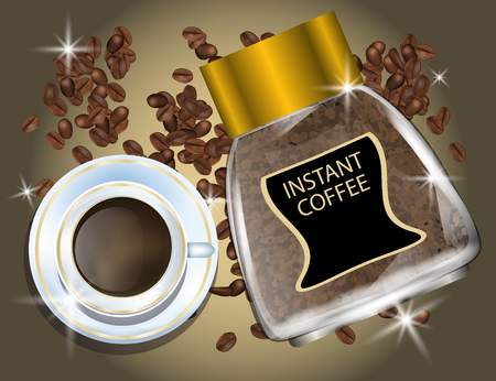 Coffee Jar, Coffee  Beans and  White Cup Isolated in Brown Background. Vector Illustration. Eps10.のイラスト素材