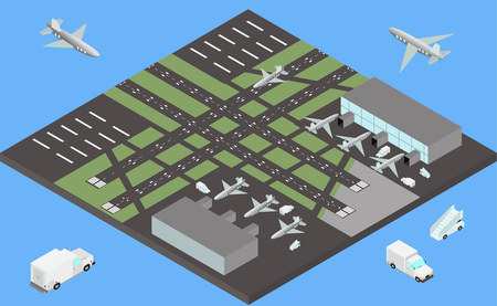 Isometric airport buildings, airplanes on the apron and runway in vectorのイラスト素材