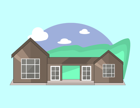 Mountain Side Summer Landscape With House, Trees and Clouds  in Flat Design. Vector Illustration.のイラスト素材