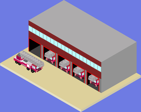 Isometric firehouse and fire truck in vector EPS 10のイラスト素材