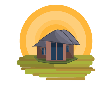 Mountain Side Summer Landscape With House and Shiny sun  in Flat Design. Vector Illustration.のイラスト素材