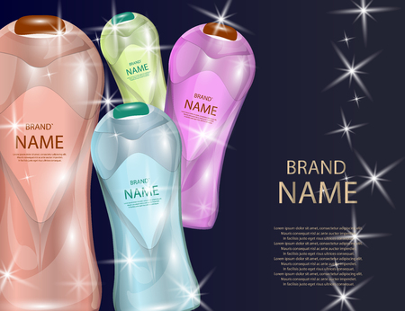 Glamorous Hair Care Products Packages on the  sparkling effects background. Mock-up 3D Realistic Vector illustration for design, templateのイラスト素材