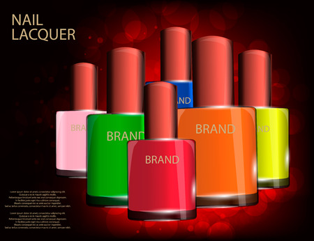 Colorful nail lacquer template, glossy bottles on the sparkling effects background. Mock-up 3D Realistic Vector illustration for design, templateのイラスト素材