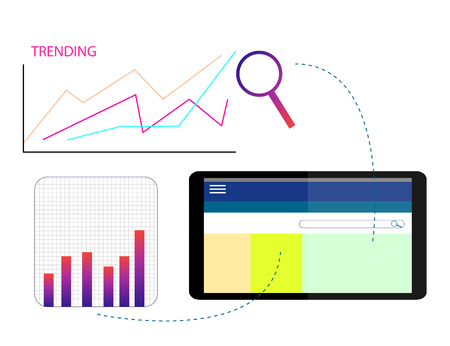 Data Analysis Using Modern Electronic and Mobile Devices Concept  Flat Design Style. Vector Illustrationのイラスト素材