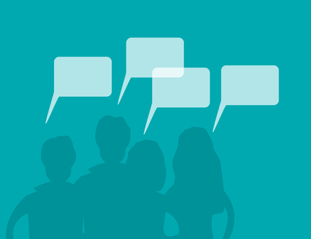 Mens and Women silhouettes with Speech Bubbles. Teem Work, Communication and People Connection Concept  Flat Design. Vector Illustrationのイラスト素材