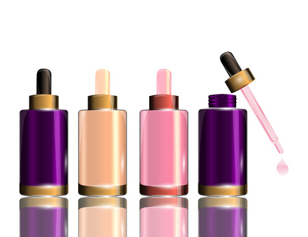 Collagen Premium Serum containers  template with dropper, glossy bottles isolated on shite background. Mockup 3D Realistic Vector illustration for design, templateのイラスト素材