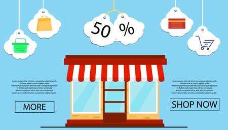 Super sale banner design for promotion with Shop front and shopping icons. Flat Design. Vector Illustrationのイラスト素材