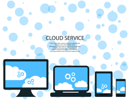 modern cloud services and Cloud Computing Elements Concept. Devices connected to the cloud with  Gears. Flat Vector Illustration.のイラスト素材