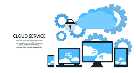 modern cloud services and Cloud Computing Elements Concept. Devices connected to the cloud with  Gears. Flat Vector Illustration.のイラスト素材