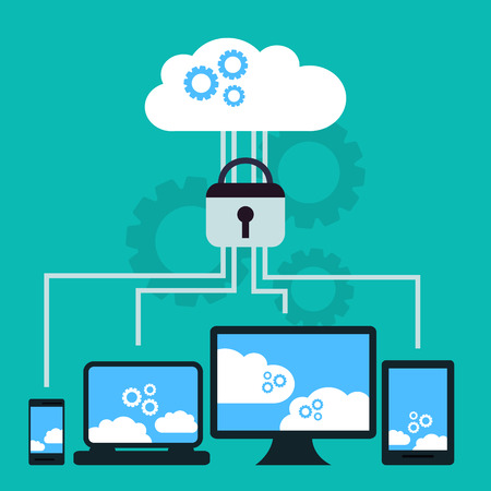 modern cloud services and Cloud Computing Elements Concept. Devices connected to the cloud with  Gears. Flat Vector Illustration.のイラスト素材