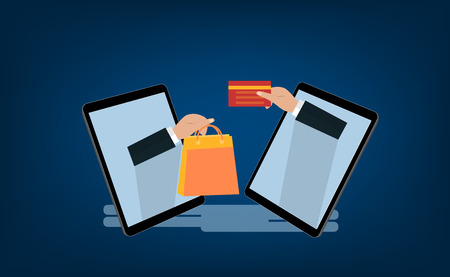 Mobile and online shop concept. Digital Marketing, store, Ecommerce shopping. Flat illustration.のイラスト素材