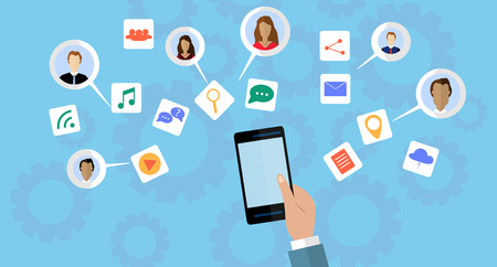 modern cloud services and Cloud Computing Elements Concept. Devices connected to the cloud with  Gears. Flat Vector Illustration.のイラスト素材