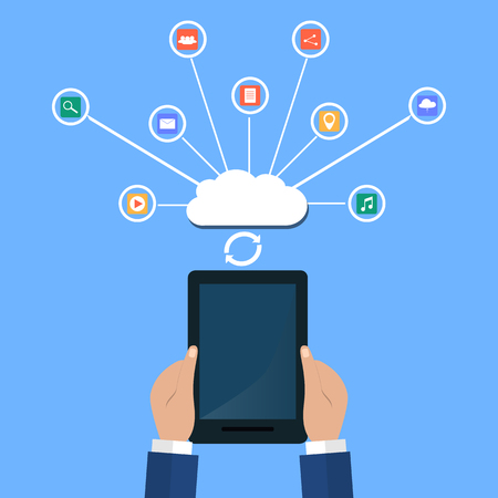 modern cloud services and Cloud Computing Elements Concept. Devices connected to the cloud with  Gears. Flat Vector Illustration.のイラスト素材