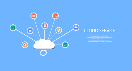 modern cloud services and Cloud Computing Elements Concept. Devices connected to the cloud with  Gears. Flat Vector Illustration.のイラスト素材