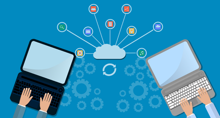 modern cloud services and Cloud Computing Elements Concept. Devices connected to the cloud with  Gears. Flat Vector Illustration.のイラスト素材