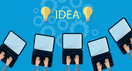 modern cloud services and Cloud Computing Elements Concept. Devices connected to the cloud with  Gears. Flat Vector Illustration.のイラスト素材