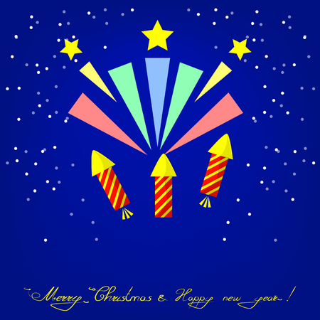 Merry Christmas and Happy New Year Greeting Card with firework and snow. Flat Vector Illustrationのイラスト素材
