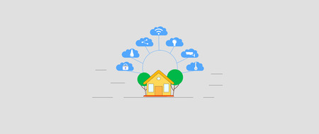 Smart home control concept. Smart house technology system with centralized control of lighting, heating, security and etc. Flat vector Illustrationのイラスト素材