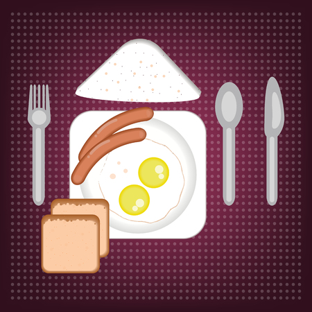 Classic Breakfast with Sausages, Fried Eggs and Bread. Vector Illustrationのイラスト素材