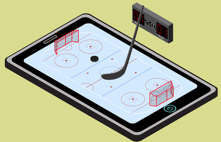 Infographic hockey playground, ball, and tablet. Isometric hockey image. Isolated vector.のイラスト素材